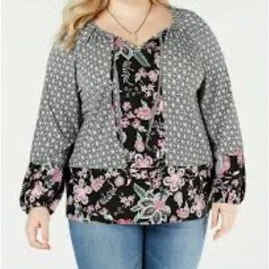 Style & Co Mixed Print Bishop Sleeve Top